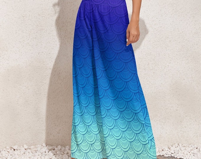 Extra Wide Leg Pants, Indigo Blue, Ombre, Hand Drawn Mermaid Scales, Baggy Pants, Festival, Paisley, Hand Drawn Art, Laura Cesari, Caballera
