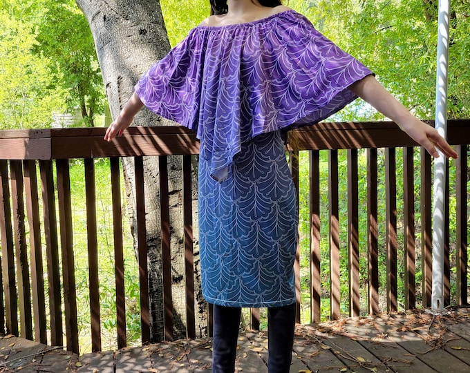 Ombre Shawl Dress, Purple, Blue, Silenus, Leaf Pattern, Original Art,Ink Drawing, Deco Forest, Summer Dress, Boho Dress, Stretchy, Caballera