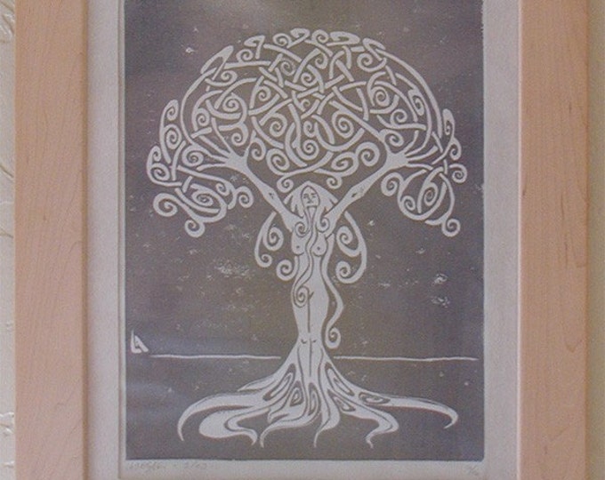 Sunrise Dryad, Handmade Print, Tree Woman, Silver and Gold on White - Framed Print - Silver Blue - Shiny Metallic - Decorative Arts