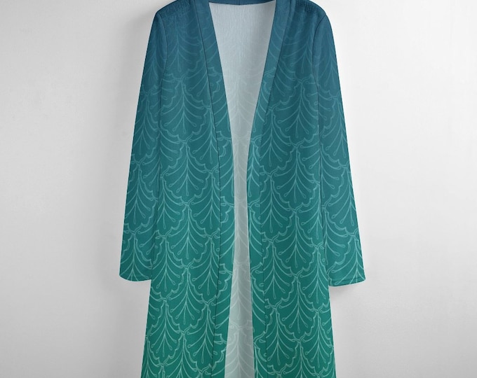 Teal Leaves, Hand Drawn Leaf Pattern, Cardigan Sweater, Teal Blue, Deep Blue, Light Long Fall Sweater, Original Art, Woodland, Forest