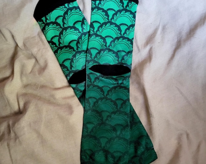 Mermaid Paisley Socks, Swirly, Ariel Green, Socks, Mermaid Socks, Hand Drawn, Mermaid Print, Fish Scales, Paisley, Original Art, Caballera