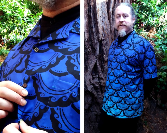 Button-Up Shirt, Fish Scale, Blue, Purple, Ocean, Mermaid Scales, Merman, Hawaiian Shirt,Large Sizes,Button Up Shirt,Hand Drawn,Original Art