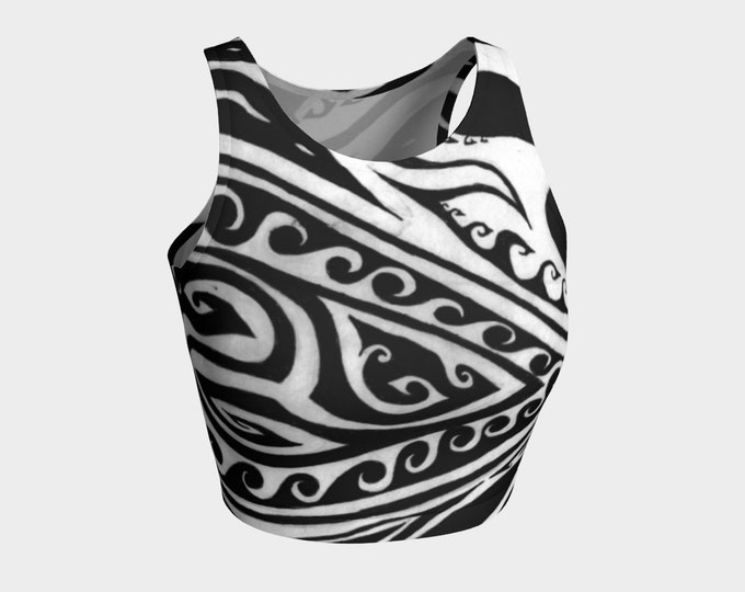 Shark Away!, Black and White Swim Top, Spiral, Bikini Top,Crop Top, Waves, Athletic Top, Stripe, Swim Top,Yoga Top, Hand Drawn, Original Art