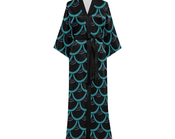 Original Mermaid Scales, Teal Blue & Black, Mermaid, Kimono, Robe, Lingerie, Original Art, Hand Drawn, Mermaid Print, Boho Luxe, Caballera