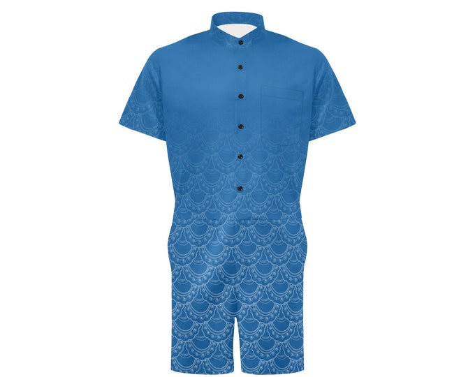 Original Art Fish Scale Jumpsuit, Blue,Ombre, Swirly, Merman, Ocean,Shorty Jumpsuit, Button-Up, Unisex,Mens, Nautical, Hand Drawn, Caballera