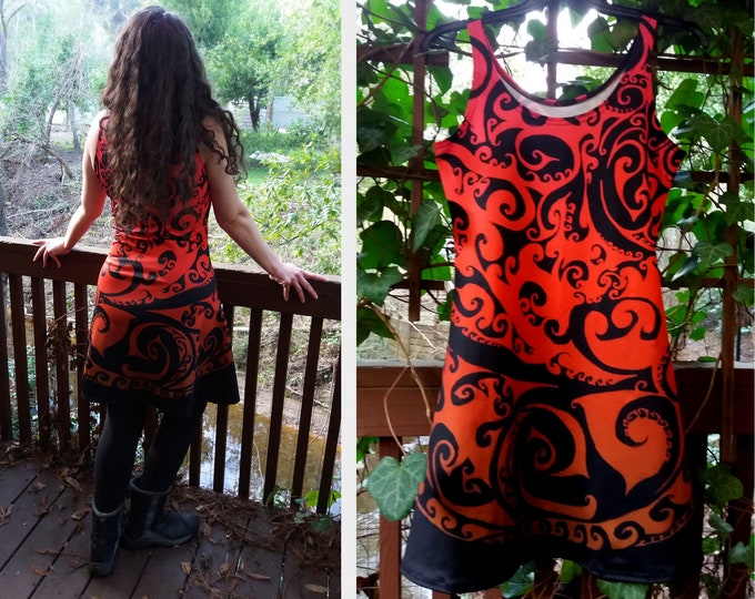 Autumnal Ombre, Flare Dress, Skater Dress, Celtic Spiral, Swirl, Rave, Festival, Dance, Bright Colors, Red,Orange, Flame, Autumn, Hand Drawn