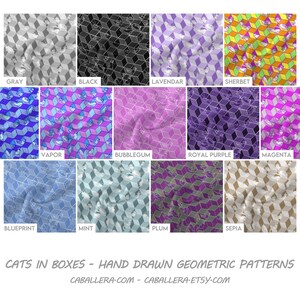 Puede incluir: Una colecci&oacute;n de patrones geom&eacute;tricos en varios colores, incluyendo gris, negro, lavanda y sorbete. Cada patr&oacute;n presenta un dise&ntilde;o de cubo repetido con una ilustraci&oacute;n de gato. Se muestra el texto "CATS IN BOXES - HAND DRAWN GEOMETRIC PATTERNS".