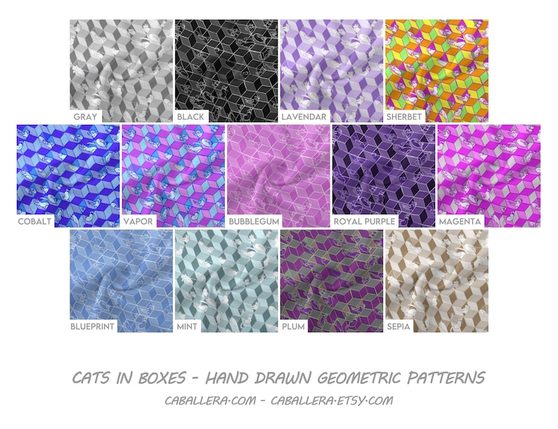 Puede incluir: Una colecci&oacute;n de patrones geom&eacute;tricos en varios colores, incluyendo gris, negro, lavanda y sorbete. Cada patr&oacute;n presenta un dise&ntilde;o de cubo repetido con una ilustraci&oacute;n de gato. Se muestra el texto "CATS IN BOXES - HAND DRAWN GEOMETRIC PATTERNS".