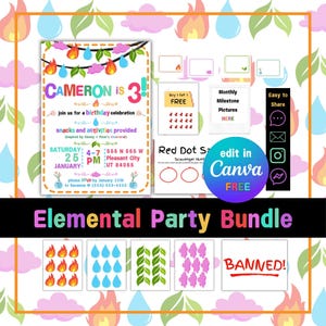 Elemental Party Bundle Templates | Canva Free Customizable Party Invitation | Photo Wall | Scavenger Hunt | Food Labels | Banner