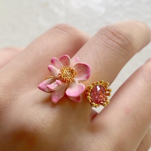 Enamel Lotus Flower Ring Pink Gemstone Adjustable Handmade Unique Gift for Her