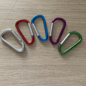 May include: Five colourful metal carabiners in a rainbow assortment of silver, red, blue, purple, and green.