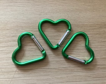 Clips de mosquetón de corazón verde (paquete de 3) aleación de aluminio, cierre gancho de resorte llavero Camping Carabina mosquetón