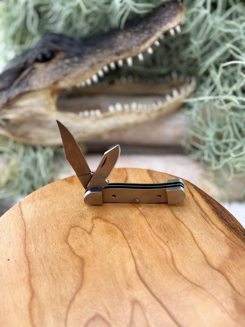 May include: A small, open pocket knife with a silver blade and a brown handle. The knife is resting on a light brown wooden surface. The background features an alligator head and green foliage.