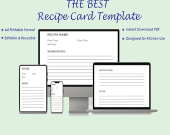 Printable Recipe Card Template: 4x6 Kitchen Cooking Sheet (PDF Download A4 Option Available)