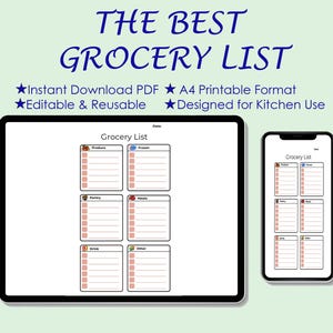 Könnte beinhalten: Eine digitale Einkaufsliste, die auf einem Tablet und einem Smartphone angezeigt wird. Der Text "THE BEST GROCERY LIST" steht in blauer Schrift oben. Die Liste ist in Abschnitte unterteilt: Obst & Gemüse, Tiefkühlkost, Vorratskammer, Fleisch, Getränke und Sonstiges. Der Text enthält "Instant Download PDF".