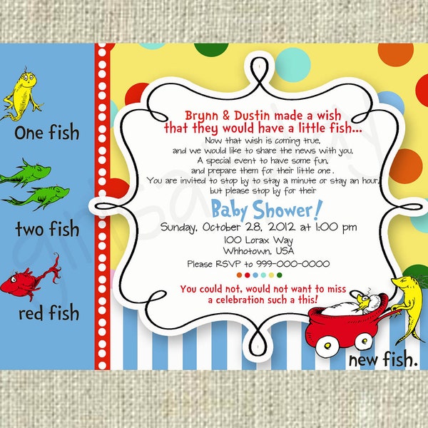 Dr Seuss Baby Shower Invitation One Fish Two Fish Boy or Girl Printable - by girlsatplay girls at play