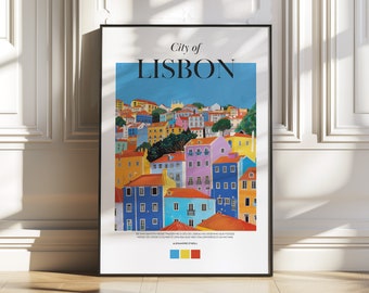 May include: A colorful poster with the text "City of Lisbon" and a vibrant illustration of colorful buildings in Lisbon, Portugal. The poster has a blue, yellow, and orange color palette.