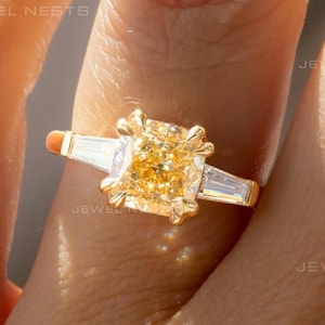 Three Stone Ring Engagement Ring,2.30 TW Yellow Cushion Cut Lab Created Diamond Wedding Rings,Side Tapered Baguette Lab Diamond Rings