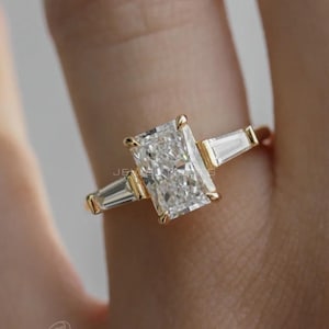 Radiant Three Stone Ring with Side Tapered Baguette Cut - IGI Certified Lab Grown Diamond Engagement Ring 14kt Yellow Gold, Handmade Jewelry
