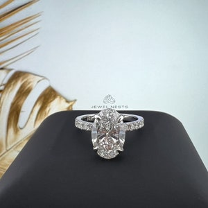 Oval Cut Engagement Ring, Lab Grown Diamond with Hidden Halo, 14K White Gold Oval Diamond Ring, Eco-Friendly Jewelry