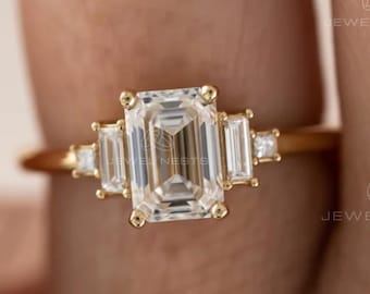 2.00 Ct Emerald Cut Ring,Art Deco Engagement Ring /  Lab Grown Diamond 5 Stone Emerald & Baguette Diamond / 14k Gold 5 Stone Proposal Rings