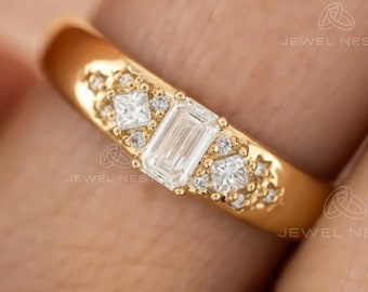 Vintage Art Deco 0.50 tcw Emerald Cut Wedding Engagement Ring Princess Round Diamond Solid gold Bridal Ring