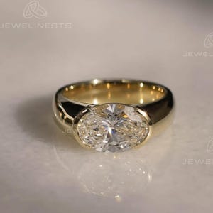 Oval Cut Lab Diamond Engagement Ring East-West Half Bezel CVD Solitaire Conflict Free Wedding Gift| Solid Gold | Oval Cut Lab Grown Diamond