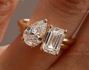 2.20 Carat E Vvs-Vs Toi et Moi Engagement Ring Emerald and Pear Cut/ 2.2 Carat Diamond Engagement Ring / 14k Gold Two Stone Solitaire Rings