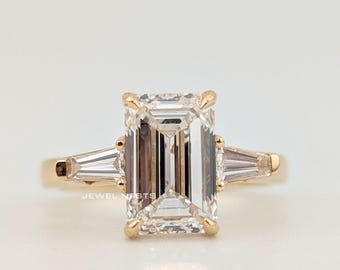 Emerald Cut Diamond Three Stone Engagement Ring, Side Tapered Baguette, Lab Grown Diamond, Ring for Her