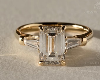 2.70 TCW Emerald Cut Three Stone Ring 14K Gold Colorless diamond Engagement Ring Side Tapered Baguette Wedding Gift For Her