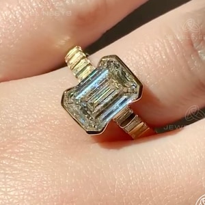 Art Deco 3.30 TCW Emerald Cut Diamond Bezel Setting Ring, Side Baguette Diamond Wedding Ring Unique Anniversary Gift For Her