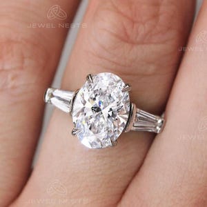 Oval Three Stone Ring with Side Tapered Baguette Cut - IGI Certified Lab Grown Diamond Engagement Ring in 14kt White Gold, Handmade Jewelry