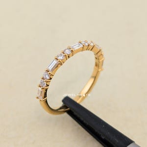14K Yellow Gold Half Eternity Ring, Baguette Round Lab Grown Diamonds, Stackable Wedding Band