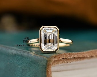 Emerald Cut Lab Grown Diamond Engagement Ring | Minimalist Solitaire Ring | Bezel Set Emerald Lab Diamond