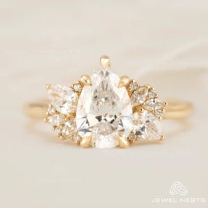 Pear Cut Engagement Ring Lab Grown Diamond, 2 CT Solitaire Diamond Rings, 14K Yellow Gold Ring, Side Accents Marquise And Pear Diamonds