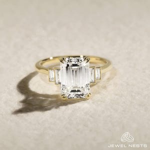Mothers Day Gift, Five Stone Ring,Lab Grown Diamond for Her, Emerald Cut Diamond with Side Baguette Stones,Bezel Set Engagement,Wedding Ring