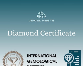 May include: A teal and white graphic promoting a diamond certificate. The text reads "JEWEL NESTS" above "Diamond Certificate." Below, a circular seal says "INTERNATIONAL GEMOLOGICAL INSTITUTE 1975." A smartphone icon displays a diamond.