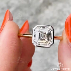 Lab Grown Diamond Asscher Cut Engagement Ring 14K Yellow Gold Bezel Set Solitaire Wedding Ring Minimalist Anniversary Gift