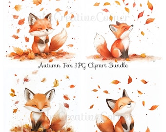 Paquete de imágenes prediseñadas de zorro otoñal, descarga digital, JPG de alta resolución, imágenes prediseñadas de acuarela imprimibles, manualidades de papel, imágenes prediseñadas de animales del bosque