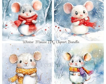Winter Mouse Clipart Bundle, Digital Download, High Resolution JPG, Printable Watercolour Clipart, Paper Craft, Woodland Animal Clipart
