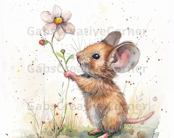 Mouse And Flower Clipart, Digital Download, High Resolution JPG, Printable Watercolour Clipart, Paper Craft, Woodland Animal Clipart