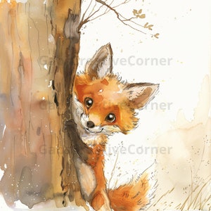 Curieux renard Clipart, téléchargement numérique, JPG haute résolution, clipart aquarelle imprimable, créations en papier, clipart animaux de la forêt
