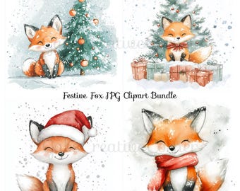 May include: Four digital illustrations of foxes in winter settings. The foxes are wearing festive attire, including a Santa hat, a scarf, and a bow. The illustrations are in a watercolor style and feature a snowy background with Christmas trees.