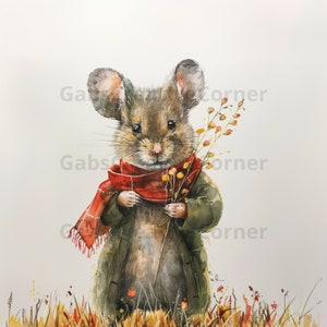 Muis met sjaal clipart, digitale download, hoge resolutie JPG, afdrukbare aquarel clipart, Paper Craft, bos dieren clipart