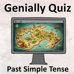 May include: A computer screen displaying a map with islands and a pirate ship. The text "Genially Quiz" is at the top of the screen and "Past Simple Tense" is at the bottom of the screen.