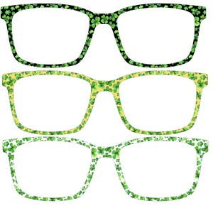 May include: Three pairs of spectacles with different coloured frames. Each frame is decorated with a pattern of green shamrocks. The frames are black, yellow, and white.
