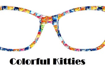 May include: Colorful cat-themed glasses with a cat pattern on the frames. The text "Colorful Kitties" is below the glasses.