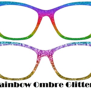 May include: Rainbow ombre glitter glasses with a cat eye frame. The glasses are empty and ready for a photo.