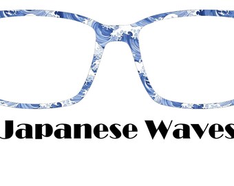 May include: A pair of eyeglasses with a blue and white Japanese wave pattern.