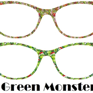 Puede incluir: Un par de gafas verdes y rojas con un patrón del Grinch y decoraciones navideñas. El texto "Green Monster" está debajo de las gafas.